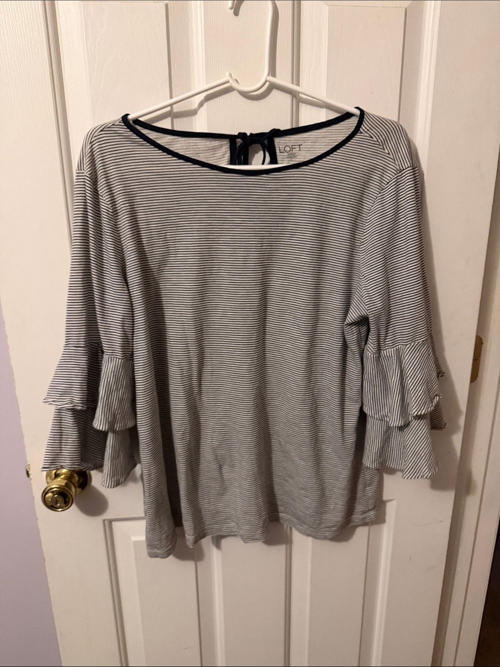 LOFT Gray and White Striped Ruffle-Sleeve Top
